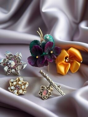 Four Vintage Purple and Rhinestone Pins